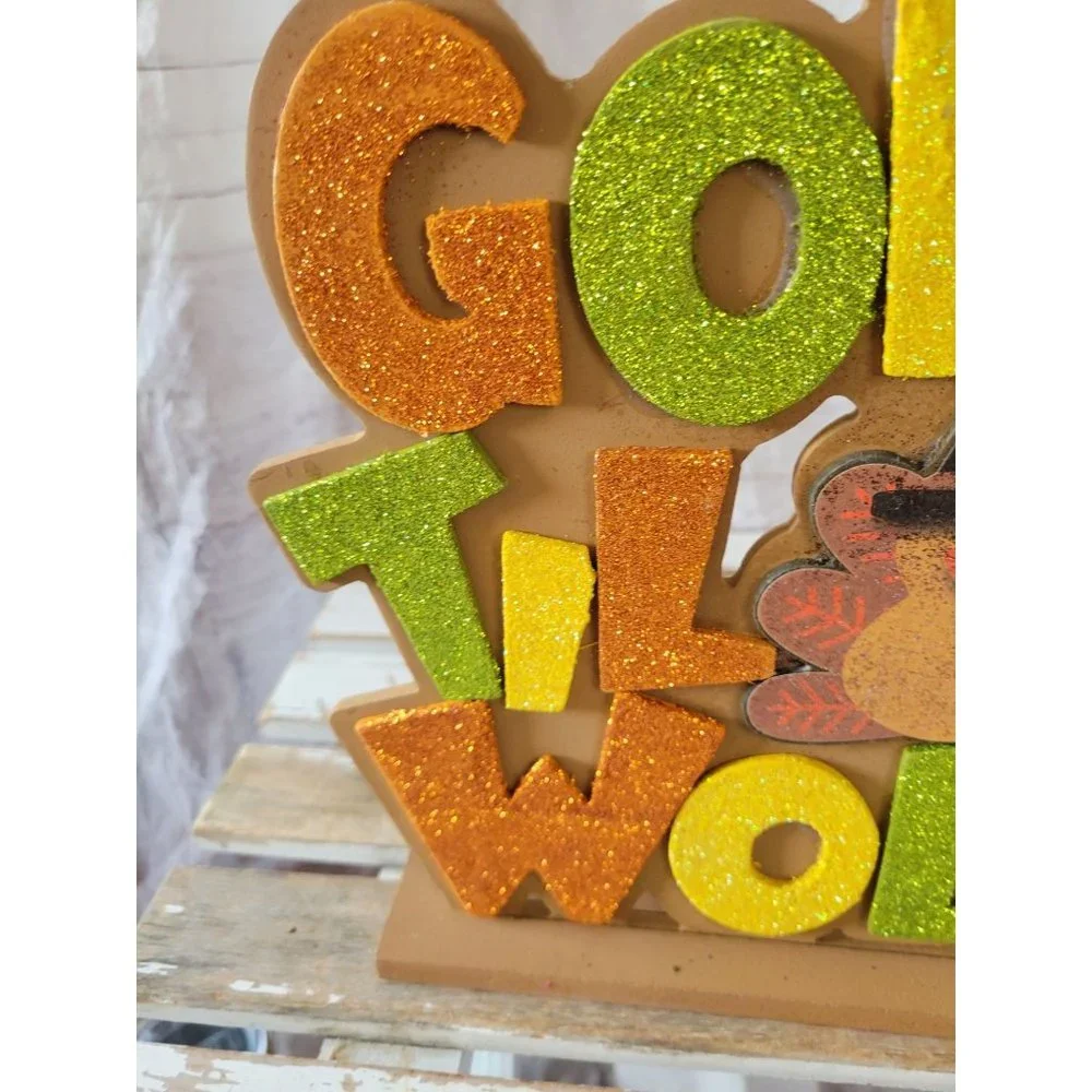 Turkey Thanksgiving sparkle shabby chic sign home decor kitchen unique sparkle w